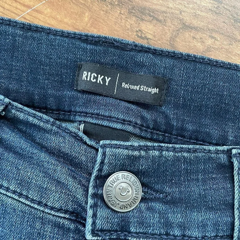 True Religion Mens Black Ricky Relaxed Fit Straight Leg Jeans Sz 32 Flap Pocket